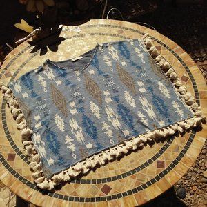 Hollister Knit Aztec Tribal Poncho Top One Size V-Neck Boho Tassle Fringe Trim